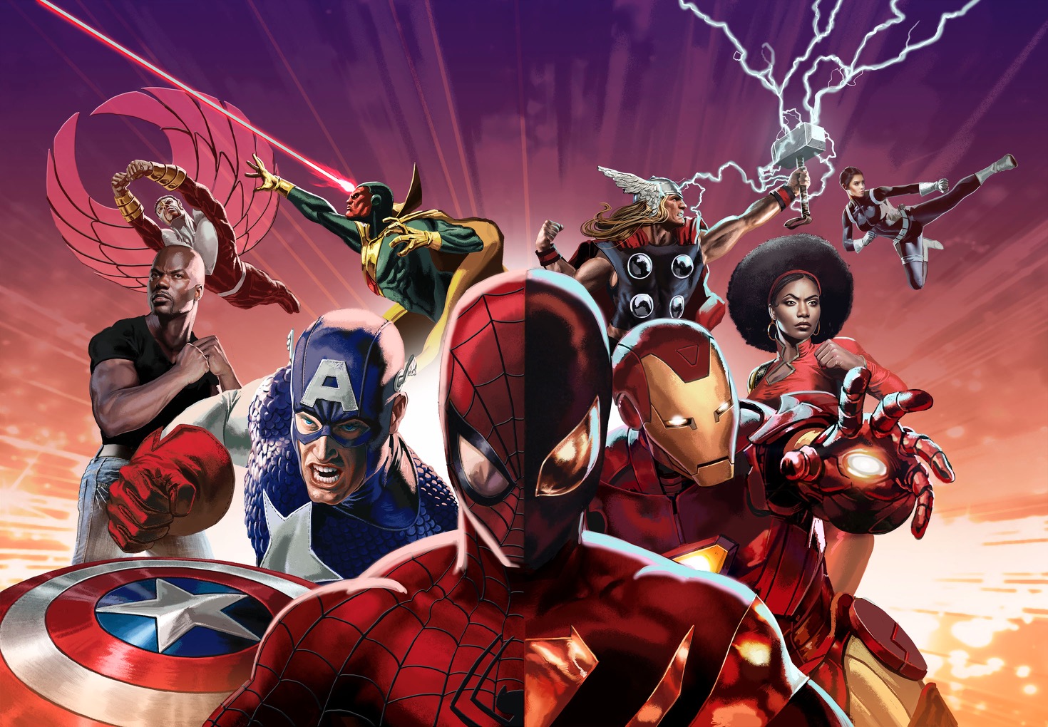 Marvel Legendary Civil War box art by Mark Evans -Upper Deck Marvel Comics Captain America Iron Man Thor The Vision Maria Hill Spider Man